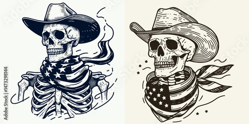 skeleton with cowboy hat and american flag overlay scarf Halloween. Independence day 4th of july patriotic Clipart line art vector illustration. Boney figure in western headwear stars.
