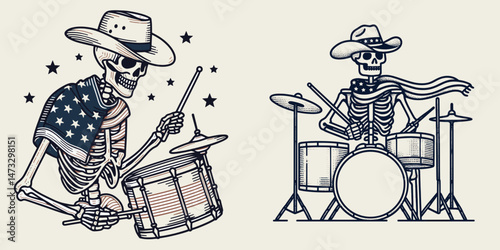 skeleton with cowboy hat and american flag overlay scarf Drummer. Independence day 4th of july patriotic Clipart line art vector illustration. Bony musician in stetson stars & stripes.