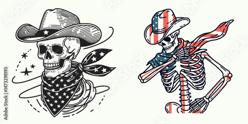 skeleton with cowboy hat and american flag overlay scarf Dabbing. Independence day 4th of july patriotic Clipart line art vector illustration. undead wearing stetson united states banner.