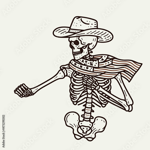 skeleton with cowboy hat and american flag overlay scarf as Tai Chi. Independence day 4th of july patriotic Clipart line art vector illustration. .