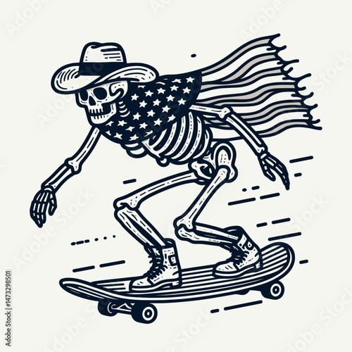 skeleton with cowboy hat and american flag overlay scarf as Skateboarding1. Independence day 4th of july patriotic Clipart line art vector illustration. Bony figure sporting western.
