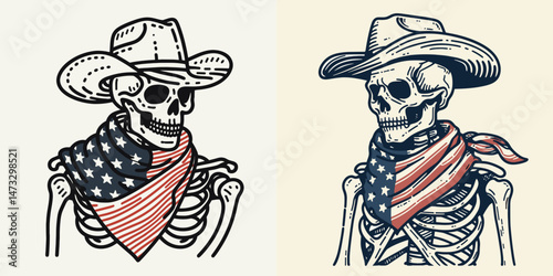 skeleton with cowboy hat and american flag overlay scarf as Scary1. Independence day 4th of july patriotic Clipart line art vector illustration. Boney figure atop headgear plus united state.