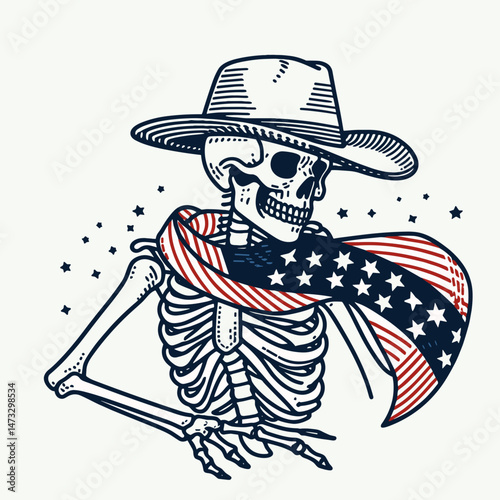 skeleton with cowboy hat and american flag overlay scarf as Salsa Dancing. Independence day 4th of july patriotic Clipart line art vector illustration. Bony figure in western headwear.