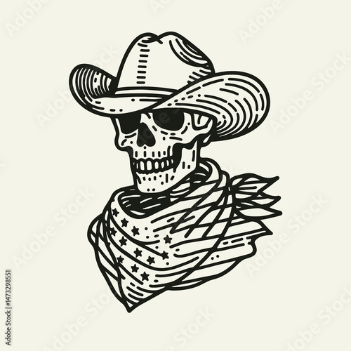 skeleton with cowboy hat and american flag overlay scarf as Sailing. Independence day 4th of july patriotic Clipart line art vector illustration. Bony figure in headgear usa banner wrap.