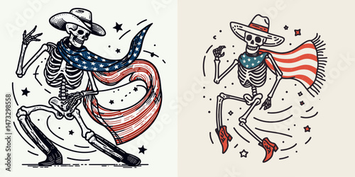 skeleton with cowboy hat and american flag overlay scarf as Salsa Dancing1. Independence day 4th of july patriotic Clipart line art vector illustration. Bony figure stetson star-spangled.
