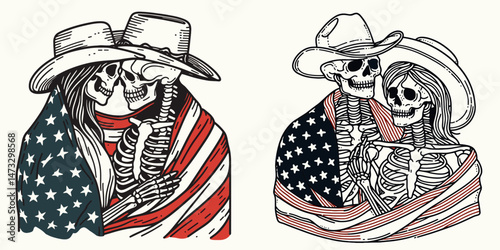 skeleton with cowboy hat and american flag overlay scarf as Romantic Couple. Independence day 4th of july patriotic Clipart line art vector illustration. Boney pair western headwear USA.