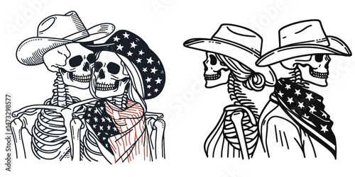 skeleton with cowboy hat and american flag overlay scarf as Romantic Couple1. Independence day 4th of july patriotic Clipart line art vector illustration. Bony figure stetson usa banner.