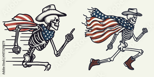 skeleton with cowboy hat and american flag overlay scarf as Running. Independence day 4th of july patriotic Clipart line art vector illustration. Sprinting bony figure wearing a stetson.