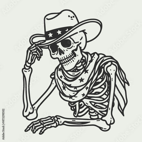 skeleton with cowboy hat and american flag overlay scarf as Resting. Independence day 4th of july patriotic Clipart line art vector illustration. Bony figure in headgear having USA banner.