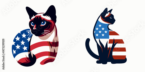 Siamese Cat with american flag. Independence day 4th of july patriotic flag Clipart line art vector illustration. Oriental domestic feline national symbol star-spangled banner theme.