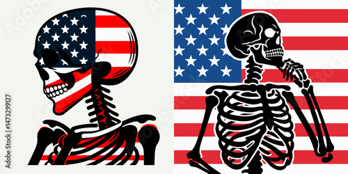 skeleton with american flag. Independence day 4th of july patriotic flag Clipart line art vector illustration. Bony framework holding banner usa national symbol design.