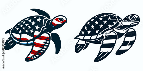Sea Turtle with american flag. Independence day 4th of july patriotic flag Clipart line art vector illustration. Marine reptile patriot emblem usa symbol ocean tortoise national banner.