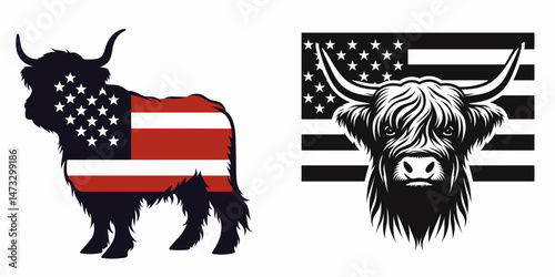 Highland Cow with american flag. Independence day 4th of july patriotic flag Clipart line art vector illustration. Bovine creature stars and stripes banner at a Scottish range.