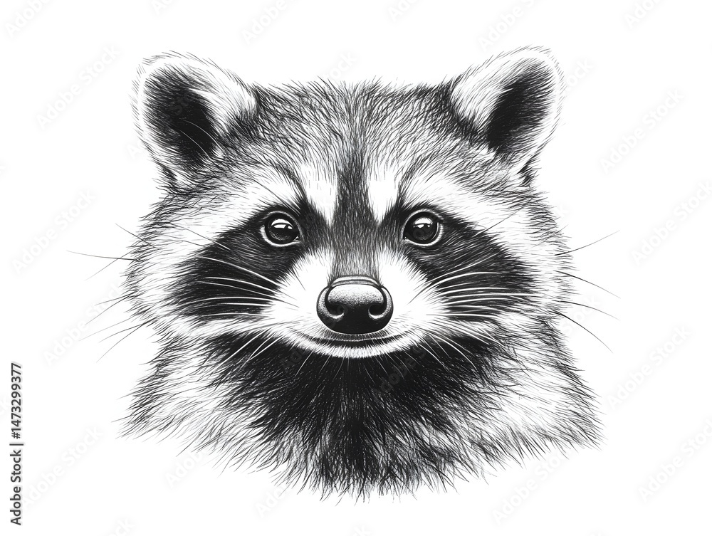 Obraz premium A detailed black and white illustration of a cute raccoon's face perfect for wildlife art prints and nature themed designs.