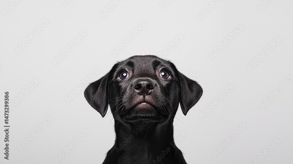 Fototapeta premium A curious black Labrador puppy looks up with wide eyes against a plain white background.