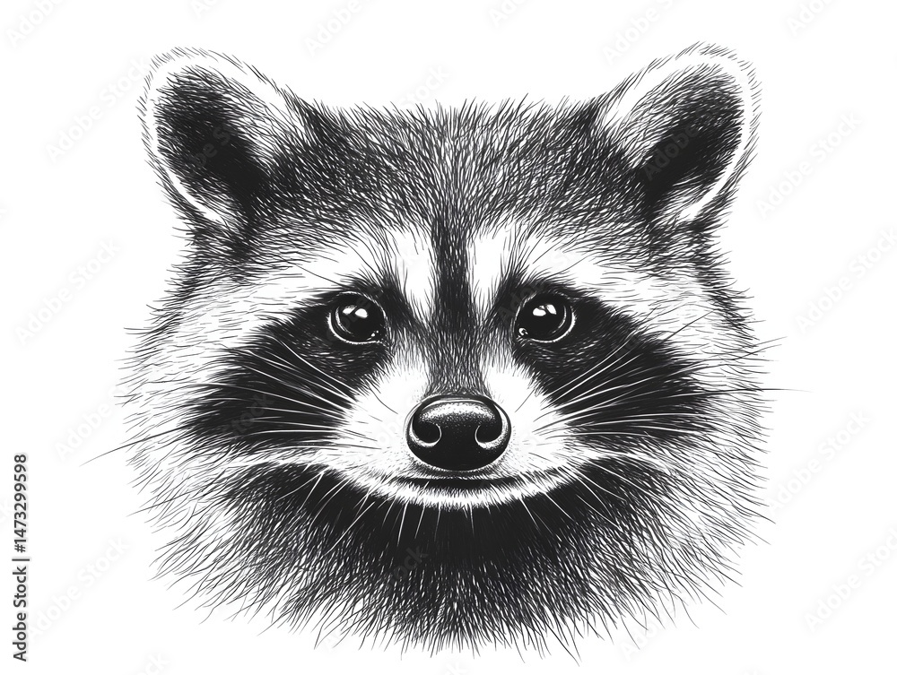 Obraz premium A detailed black and white illustration of a raccoon's face shows intricate fur texture and expressive eyes perfect for nature or wildlife themed