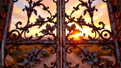beautifully ornate wrought iron gate intricately designed floral patterns swirling scrollwork. Through gate stunning sunset visible casting warm golden glow landscape. intricate details of...