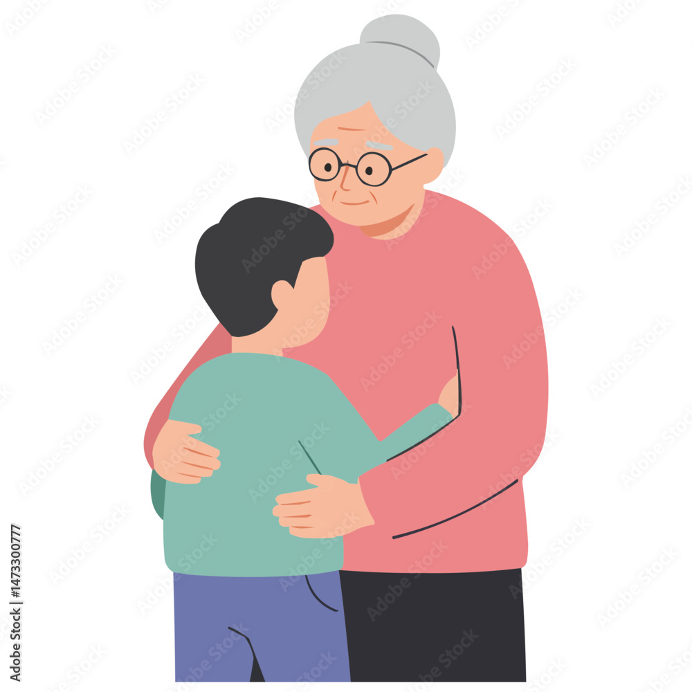Obraz premium Elderly woman comforting child - gentle grandmother consoling crying child with maternal embrace, atmosphere of warmth, safety and unconditional love.