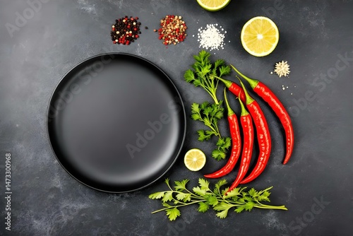 Empty Black Plate with Red Chili Peppers, Cilantro, Lime, and Spices on Dark Background - Food Photography, Culinary Still Life