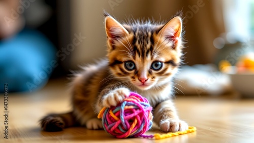 cute kitten striking blue eyes sitting wooden floor playing colorful ball of yarn. kitten's fur mix of brown black stripes it soft fluffy texture. ball of yarn bright pink yellow purple...