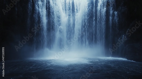 Mystical Waterfall Illuminated by Soft Light in a Dark Cave, Creating a Serene and Enchanting Atmosphere. Tranquil Natural Wonder.