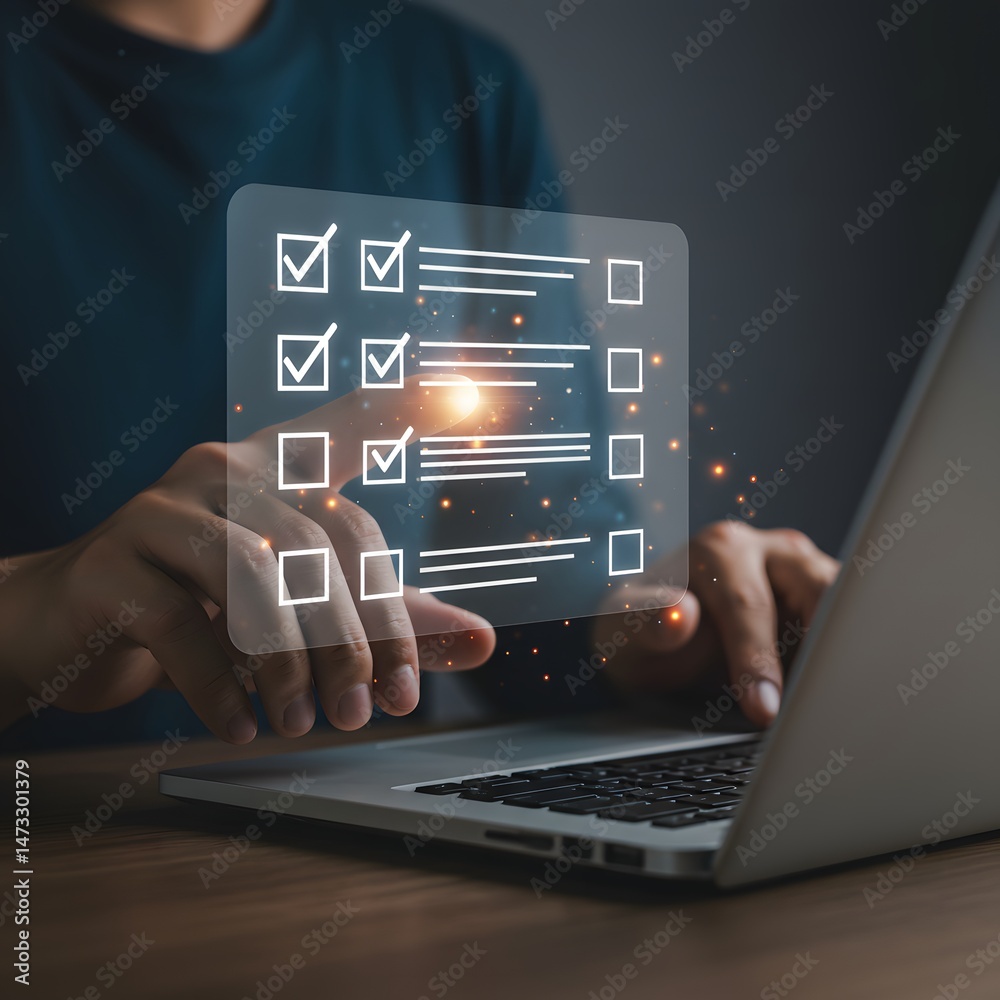 Man Using Laptop Completing Digital Checklist Online Task Management Man Using Laptop Completing Digital Checklist Online Task Management