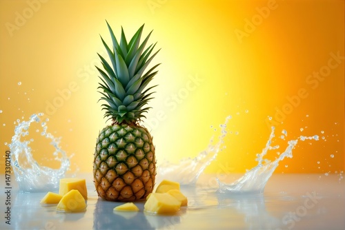 Fresh Pineapple Still Life: Juicy Tropical Fruit with Water Splashes on Yellow Background - High-Resolution Image