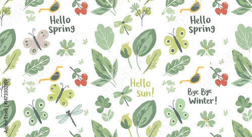 Springtime Floral Pattern Butterflies Leaves Flowers Hello Spring