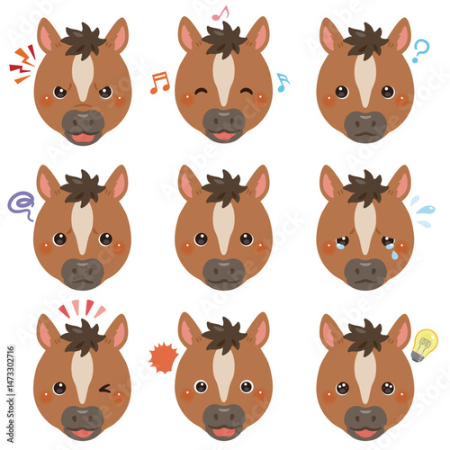 ウマのイラストセット　顔表情のみ