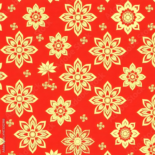 Traditional Chinese gold floral pattern on vibrant coral red fabric.