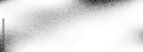 Stippled grain texture background. Black dotted noisy gradient wallpaper. Rough grungy sand dot backdrop. Vector gritty distressed speckle and grit particle overlay for poster, flyer, banner