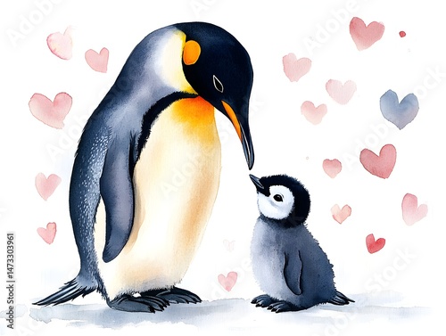 A watercolor painting depicts an emperor penguin tenderly looking at its adorable baby chick surrounded by delicate pink hearts.