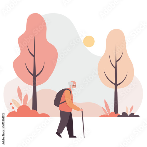 Elderly man walking in forest - senior gentleman strolling through autumn woodland among golden trees, enjoying nature's peace and fresh air.