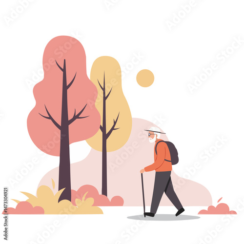 Elderly man walking in forest - senior gentleman strolling through autumn woodland among golden trees, enjoying nature's peace and fresh air.