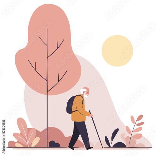 Elderly man walking in forest - senior gentleman strolling through autumn woodland among golden trees, enjoying nature's peace and fresh air.