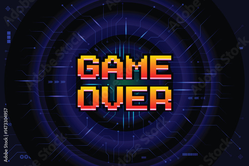 Game Over, Retro games for game assets in retro futuristic sci-fi background vector illustration. Glowing neon from an old arcade