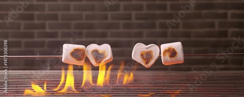Heart-shaped marshmallows roasting over an open flame on a grill, with a brick wall background.