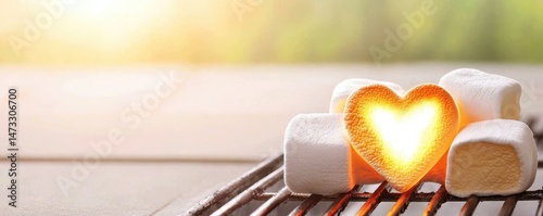 Toasted heart-shaped marshmallow glowing on a grill with soft sunlight and other marshmallows around.