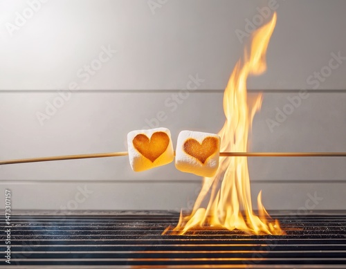 Two marshmallows with heart shapes are roasted over an open flame on skewers, symbolizing love and warmth.