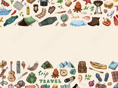 Hand drawn vintage sketch of colorful travel and camping border with picnic food, gear and barbecue on light background