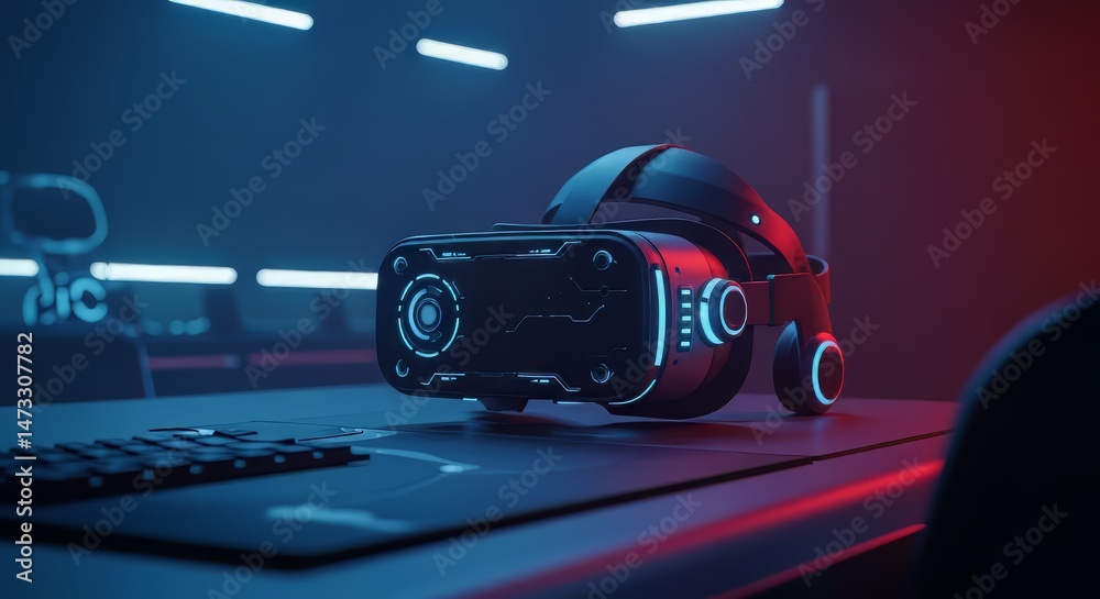 Naklejka premium Virtual Reality Headset on Desk with Neon Lighting