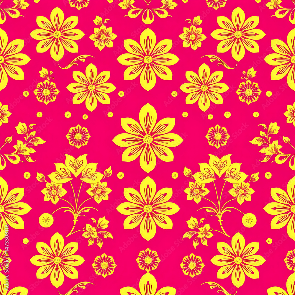 Obraz premium Traditional Chinese floral fabric with gold motifs on fuchsia background.