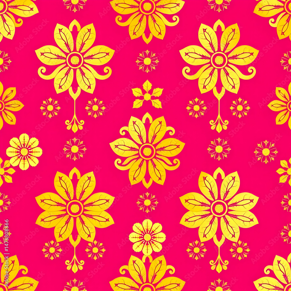 Obraz premium Traditional Chinese floral fabric with gold motifs on fuchsia background.