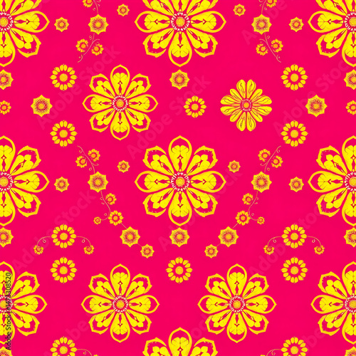 Traditional Chinese floral fabric with gold motifs on fuchsia background.