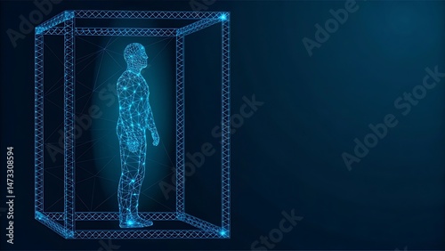 a human figure inside a cubicle made of glowing firewall data walls