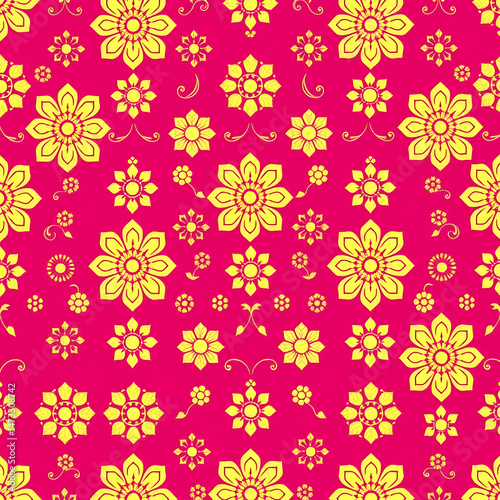 Traditional Chinese floral fabric with gold motifs on fuchsia background.