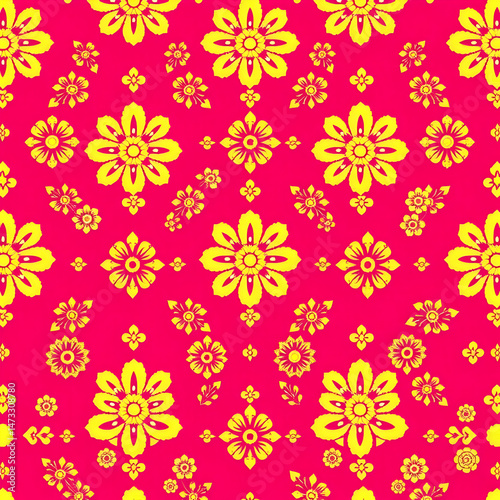 Traditional Chinese floral fabric with gold motifs on fuchsia background.