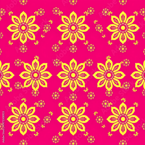 Traditional Chinese floral fabric with gold motifs on fuchsia background.