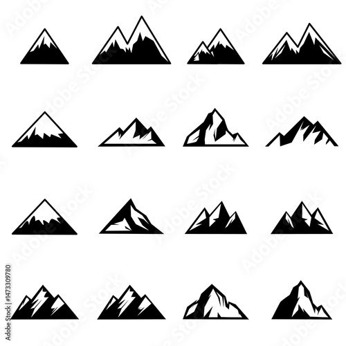 Set of mountain silhouettes. Unique rocky mountains icon or cool logo collection	
