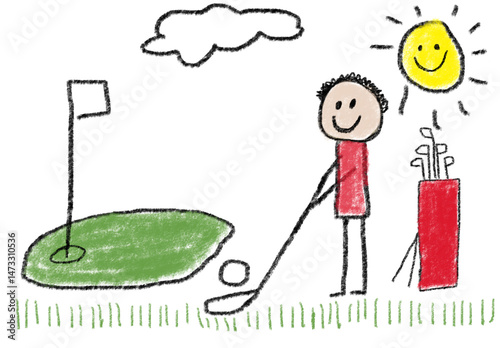 drawing of person golfing on golf course draw sketch art crayon